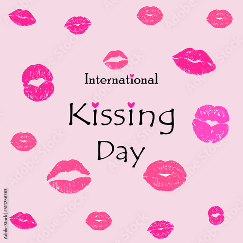 International  World kissing day holiday. Cute lettering with  pink lipstick kiss and hearts on pink background. Template for poster, banner, sticker.