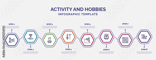 infographic template with icons and 8 options or steps. infographic for activity and hobbies concept. included knife making, boy reading, cosplaying, downhill, collecting, checkers, horse riding