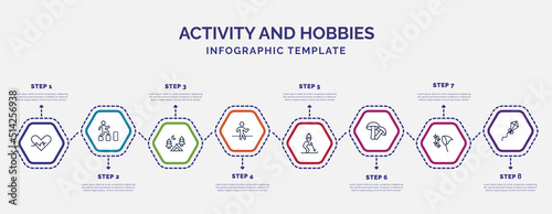 infographic template with icons and 8 options or steps. infographic for activity and hobbies concept. included heart rate, camp, walking, skiing, mushrooming, butterfly catcher, flying a kite icons.