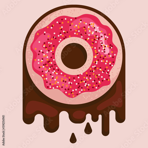Vector donut with colorful sprinkles. Dripping chocolate background