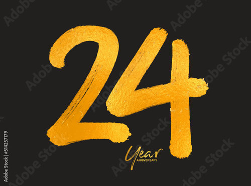 Gold 24 Years Anniversary Celebration Vector Template, 24 Years  logo design, 24th birthday, Gold Lettering Numbers brush drawing hand drawn sketch, number logo design vector illustration photo