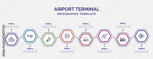 infographic template with icons and 8 options or steps. infographic for airport terminal concept. included identification badge, or up, parachute open, airplane security belt, plane landing, airport