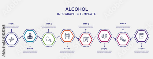 infographic template with icons and 8 options or steps. infographic for alcohol concept. included yeast, wine tasting, , oktoberfest, filtration, hop, fermentation icons.