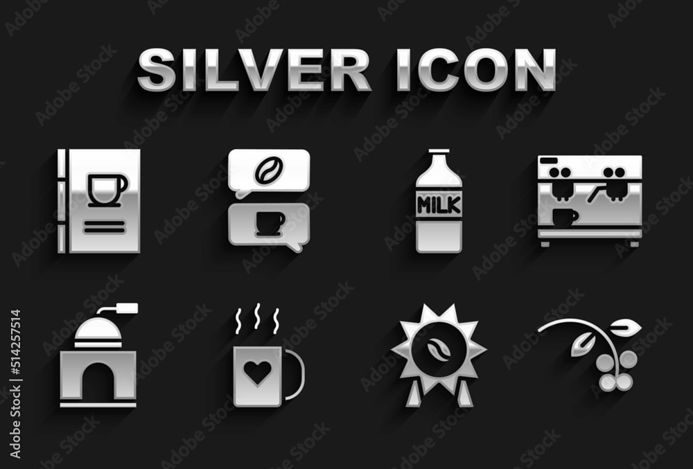 Set Coffee cup and heart, machine, bean, branch, Medal for coffee, Manual grinder, Bottle with milk, book and conversation icon. Vector Set Coffee cup and heart, machine, bean, branch, Medal for coffee, Manual grinder, Bottle with milk, book and conversation icon. Vector