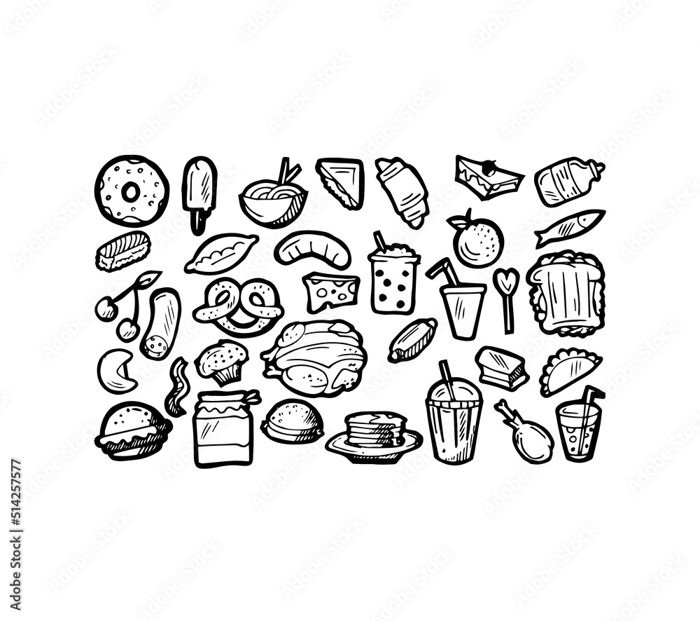 Set of food. Baking buns and meat dishes. Hand drawing outline. Isolated on white background. Monochrome drawing. Vector