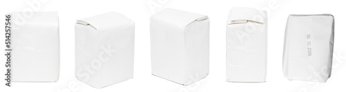 Paper bags. White paper bags for coffee, sugar, soda, flour, salt or cereals. Isolated on a white background.