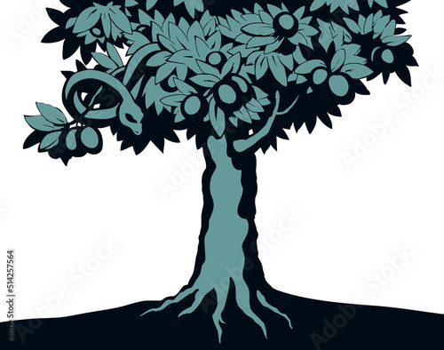 Serpent on the tree. Knowledge of good and evil. Vector drawing
