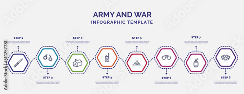 infographic template with icons and 8 options or steps. infographic for army and war concept. included combat knife, militar tent, walkie talkie, bunker, binoculars, whizbang with rong, knuckle