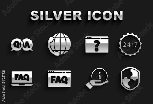 Set Browser FAQ, Clock 24 hours, Shield, Information, Laptop and, with question mark, Question Answer and Telephone support icon. Vector