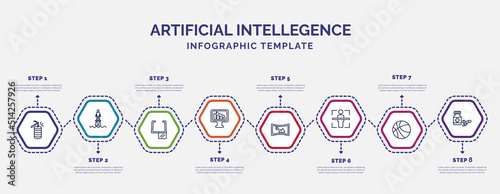 infographic template with icons and 8 options or steps. infographic for artificial intellegence concept. included data mining, ar monocle, business, immersive, body scan, ball, medicine icons.