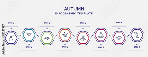 infographic template with icons and 8 options or steps. infographic for autumn concept. included woodcutter, tree branch, rosa canina, rowan, winter hat, rain, rubber roots icons.