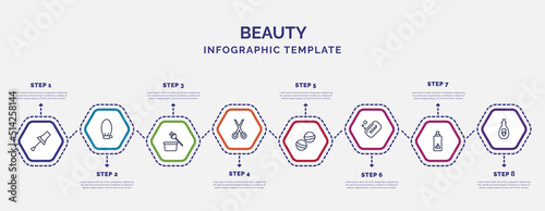 infographic template with icons and 8 options or steps. infographic for beauty concept. included nail brush, tint bowl, open hair scissors, bath salts bomb, soap bar, hair foam, nail polish removal