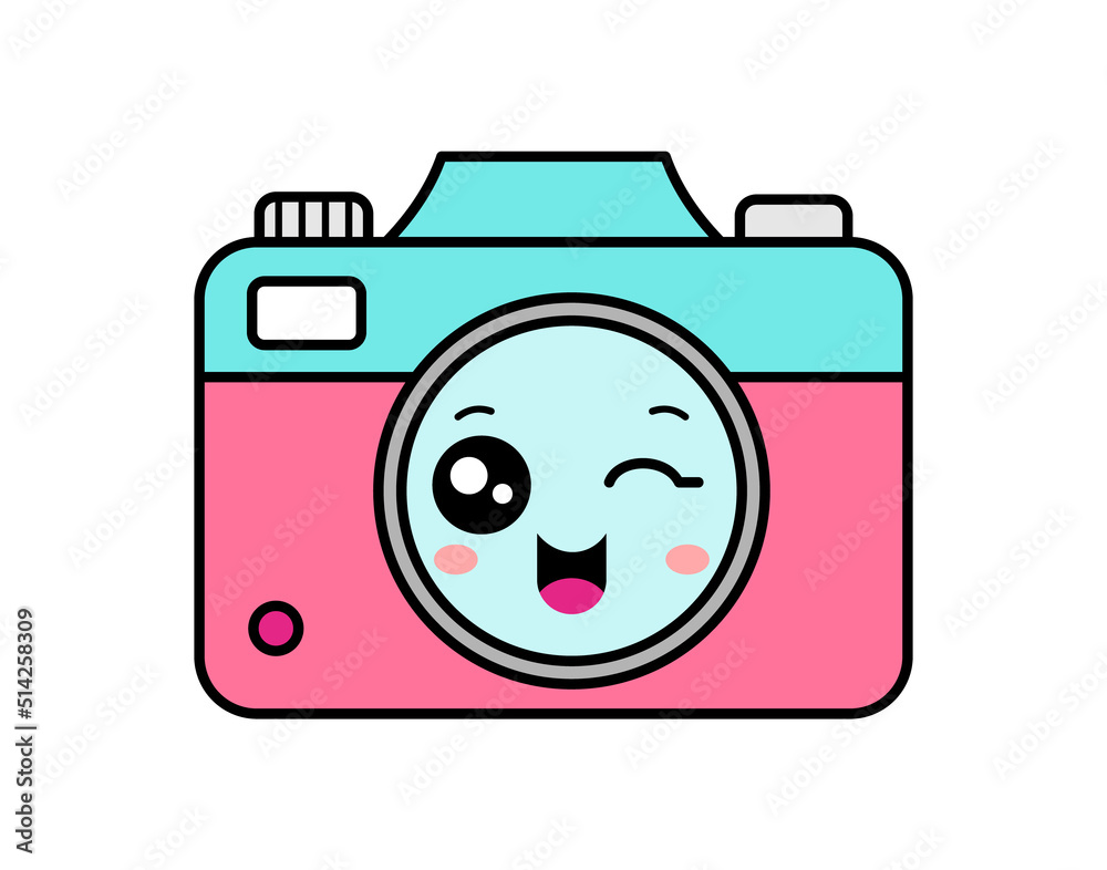 Cute kawaii camera smiling and winking. Cartoon character photographic equipment. T shirt design element. Pink and blue camera icon. Small mirrorless camera. Vector illustration, flat, clip art. Cute kawaii camera smiling and winking. Cartoon character photographic equipment. T shirt design element. Pink and blue camera icon. Small mirrorless camera. Vector illustration, flat, clip art.