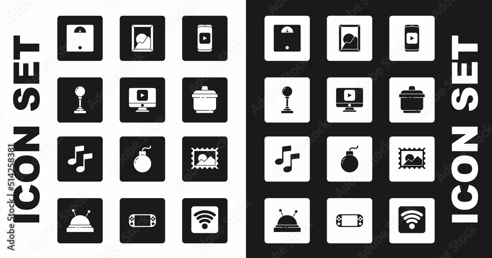 Set Online play video, Joystick for arcade machine, Bathroom scales, Cooking pot, Picture landscape, Postal stamp and Music note, tone icon. Vector