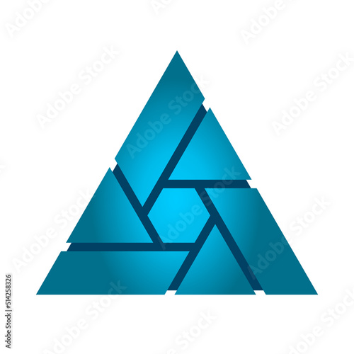 Blue gradient abstract triangle logo. Triangle made of geometric shapes (hexagon, rectangle, polygon). Technology concept. Union assembled from different elements. Vector illustration, flat, clip art 