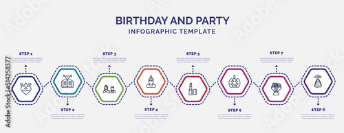 infographic template with icons and 8 options or steps. infographic for birthday and party concept. included just married, wedding couple, birthday boy, lipstick, halloween, wedding flowers, wedding