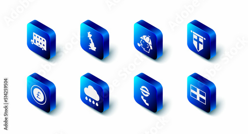 Set England map, Sherlock Holmes, flag on pennant, Flag of, London underground, Cloud with rain, Coin money pound and Double decker bus icon. Vector