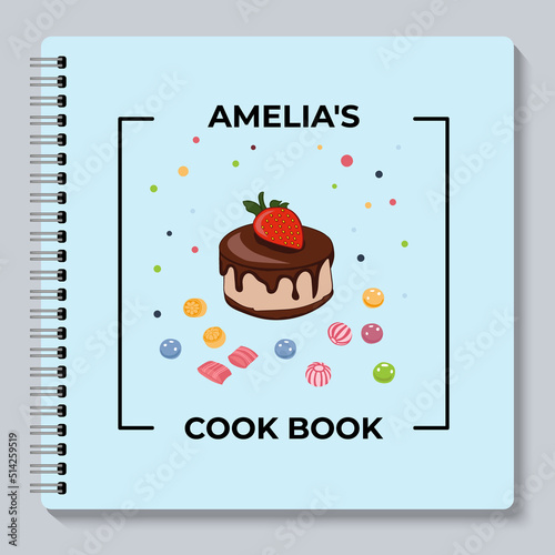 Stock vector cooking book cover design cupcake with strawberry and sweets on cover of spiral notebook