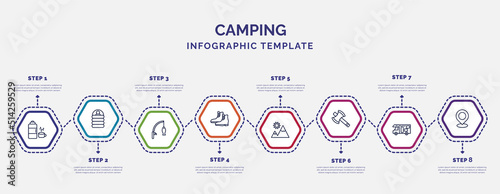 infographic template with icons and 8 options or steps. infographic for camping concept. included thermos, fishing rod, boot, mountain, axes, camper van, location icons.