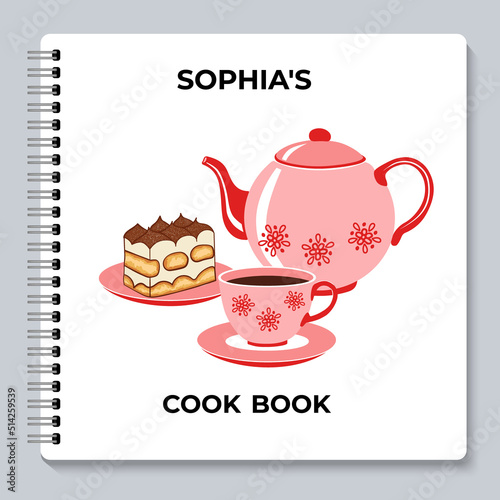 Stock vector cooking book cover design tiramisu tea pot and tea cup on cover of spiral notebook