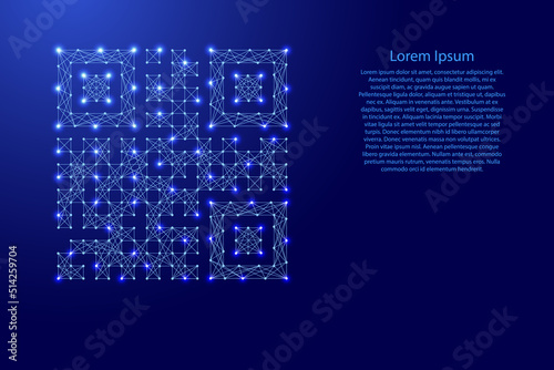 QR code arbitrary, icon from futuristic polygonal blue lines and glowing stars for banner, poster, greeting card. Vector illustration.
