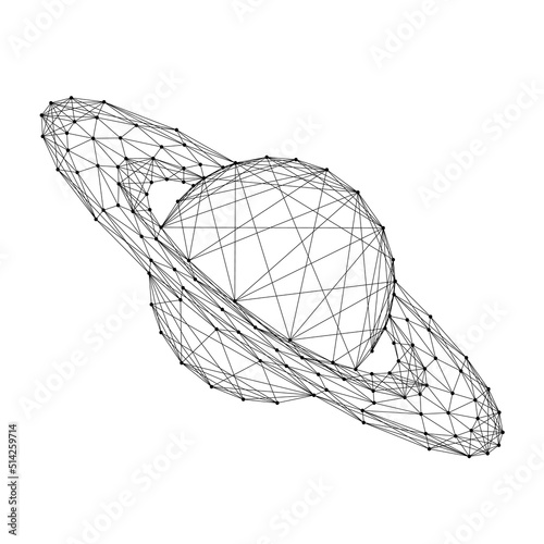 Saturn, planet with rings, from abstract futuristic polygonal black lines and dots. Vector illustration.