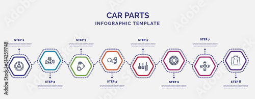 infographic template with icons and 8 options or steps. infographic for car parts concept. included car horn, car fan belt, exhaust, accelerator, bearing, wheel brace, bonnet icons.