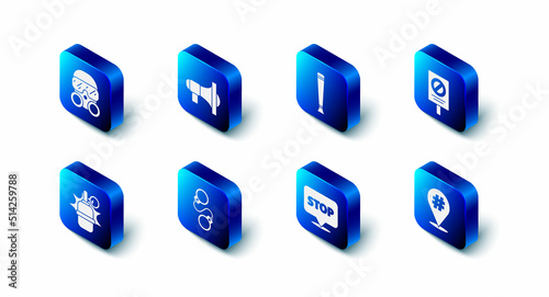 Set Megaphone, Police rubber baton, Protest, Handcuffs, grenade and Gas mask icon. Vector