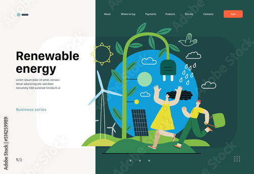 Ecology - Renewable energy -Modern flat vector concept illustration of Solar panels, Wind turbines, Rain power. A young woman and a boy running. Creative landing web page template