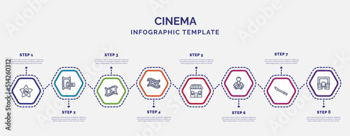 infographic template with icons and 8 options or steps. infographic for cinema concept. included film star, video clip, freeze frame, ticket office, hitman, hete, dressing room icons.