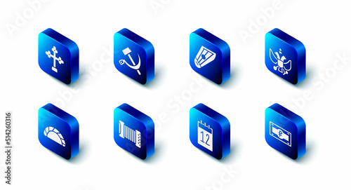 Set Hammer and sickle USSR, Kankles, National emblem of Russia, Russian ruble banknote, Calendar 12 june, Accordion, Dumpling and Christian cross icon. Vector