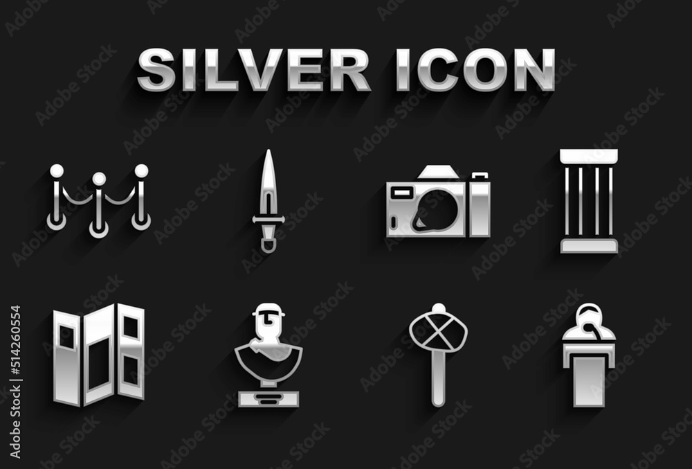 Set Ancient bust sculpture, column, Gives lecture, Stone age hammer, Museum guide brochure, Photo camera, Rope barrier and Dagger icon. Vector Set Ancient bust sculpture, column, Gives lecture, Stone age hammer, Museum guide brochure, Photo camera, Rope barrier and Dagger icon. Vector