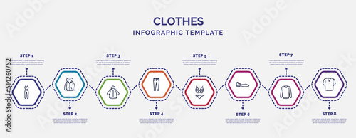 infographic template with icons and 8 options or steps. infographic for clothes concept. included jumpsuit, nylon jacket, boyfriend low jean, lingerine, ballets flats, collarless cotton shirt, v photo