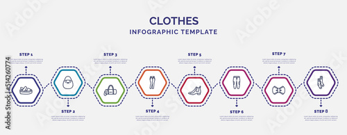 infographic template with icons and 8 options or steps. infographic for clothes concept. included platform sandals, barrel handbag, slim fit pants, leather chelsea boots, chi pants, bow tie, men