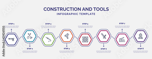 infographic template with icons and 8 options or steps. infographic for construction and tools concept. included caulk gun, solder, improvement, drain, pencil and ruler, staple gun, mechanic working