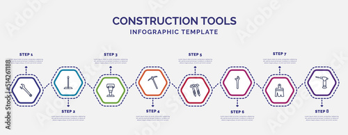 infographic template with icons and 8 options or steps. infographic for construction tools concept. included repair wrench, rammer, pick axe, screws, plumbing, paint brush, blowtorch icons.