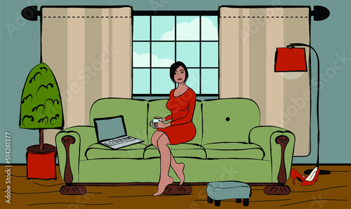 Professional Woman at Home online education or working remotely barefoot with coffee in llivingroom.