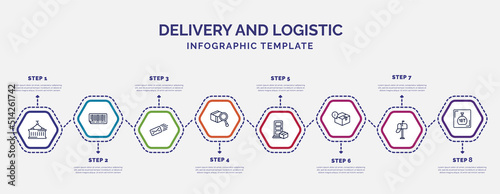 infographic template with icons and 8 options or steps. infographic for delivery and logistic concept. included delivery containers, express mail, inspection, on door delivery, info, postbox, weight