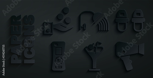 Set Martini glass, Hotel slippers, Remote control, Hair dryer, Shower head and Paying tips icon. Vector