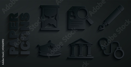 Set Courthouse building, Fountain pen nib, Police cap with cockade, Handcuffs, Paper analysis magnifying and Old hourglass icon. Vector