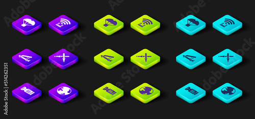 Set Airline ticket, Worldwide, Passenger ladder, Marshalling wands, Router wi-fi signal and Box flying on parachute icon. Vector
