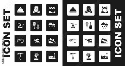 Set Ribbon in finishing line, Snowshoes, Cable car, Winter hat, Cloud with snow, Hiking backpack, Mountain descent and Biathlon rifle icon. Vector