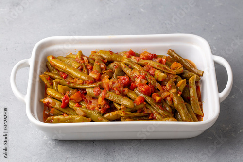 Traditional delicious Turkish food; Green beans with olive oil; Turkish name; Zeytinyagli taze fasulye