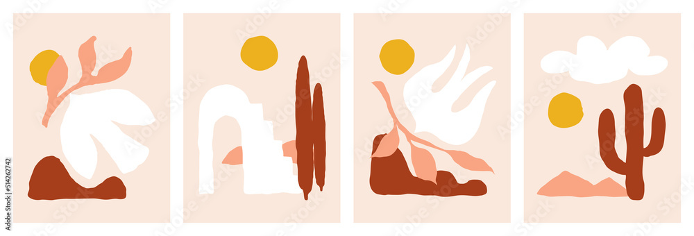 Peaceful landscape postcards in abstract art style. Elegant summer nature scenes for greeting card, poster print or social media background. Decorative vector design elements set in warm color palette