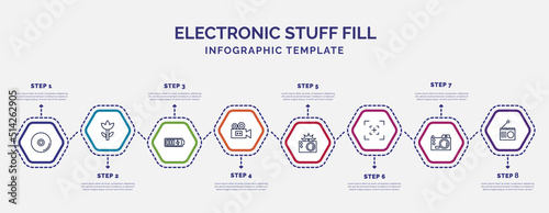 infographic template with icons and 8 options or steps. infographic for electronic stuff fill concept. included compact disc, charging battery, old video camera, photo camera with flash, camera
