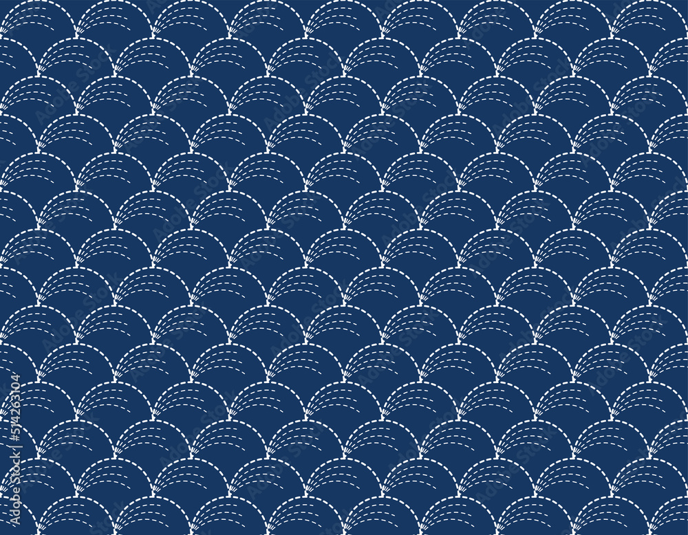 Fototapeta premium Japanese Sashiko seamless pattern. Indigo background. white thin line on blue wallpaper. Vector
