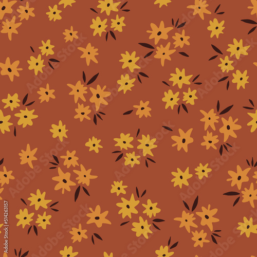 Boho Halloween Fall florals blossom daisy vector seamless pattern. Groovy retro flower power background. Bohemian florets gift wrapping paper design for autumn holidays.