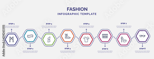 infographic template with icons and 8 options or steps. infographic for fashion concept. included suspenders, caveman, boot for women, white t shirt, laundry zone, heel, eyewear icons.