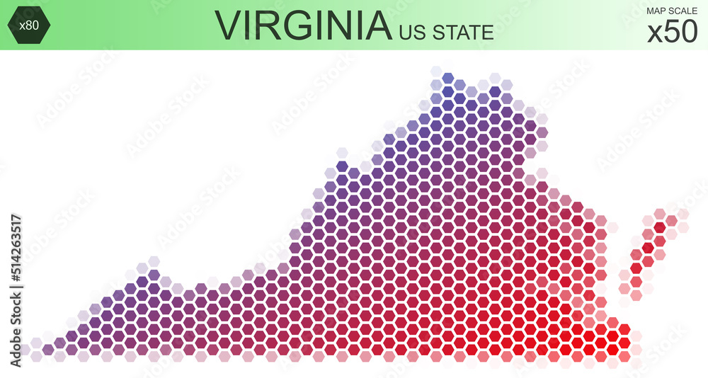 Dotted map of the state of Virginia in the USA, from hexagons, on a scale of 50x50 elements. With rough edges from the gradient and a smooth gradient from one color to another.