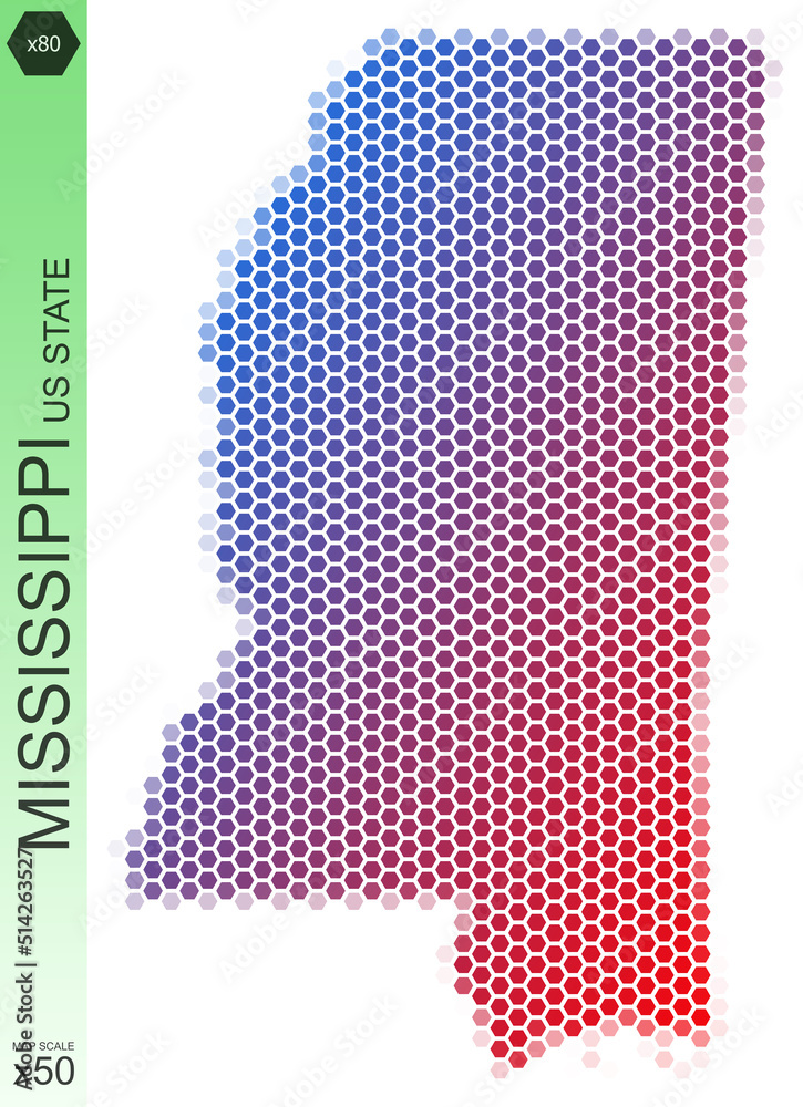 Dotted map of the state of Mississippi in the USA, from hexagons, on a scale of 50x50 elements. With rough edges from the gradient and a smooth gradient from one color to another.